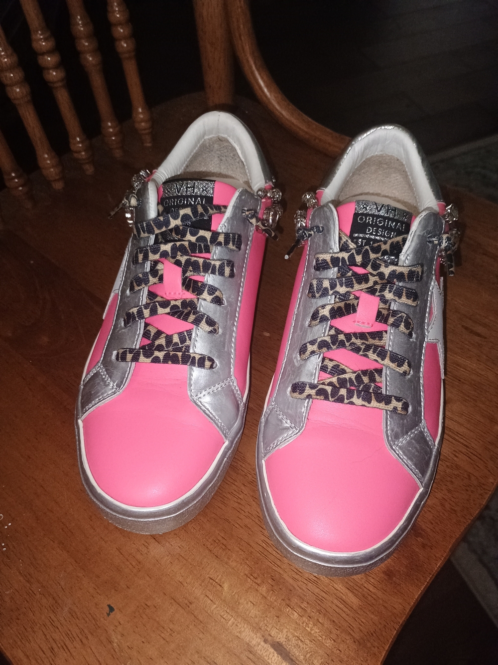 Vintage Havana Pink and Silver Sneakers with Leopard Laces